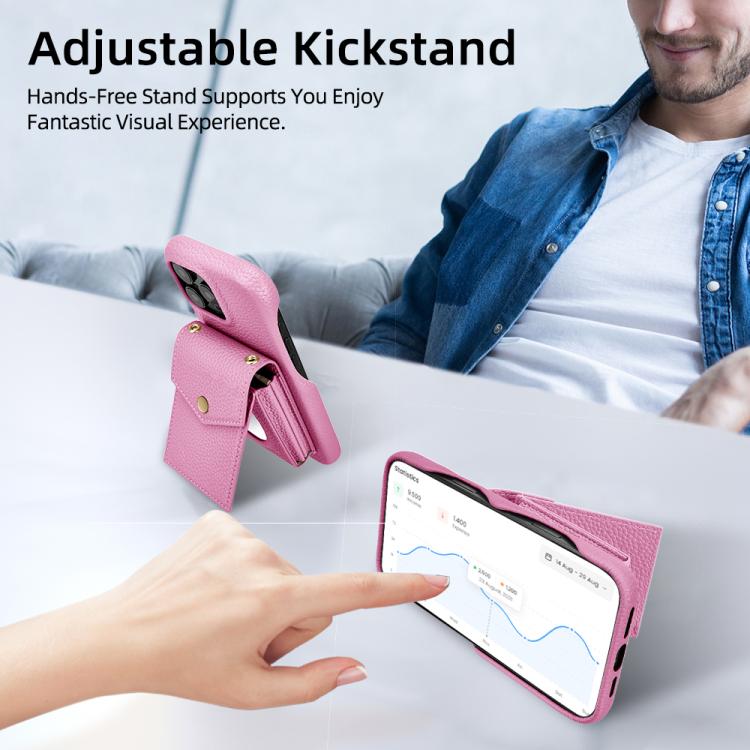 For iPhone 16 Litchi Texture Vertical Card Bag Holder Phone Case with Long Lanyard(Pink) - iPhone 16 Cases by buy2fix | Online Shopping UK | buy2fix