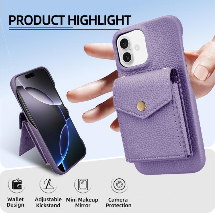 For iPhone 16 Litchi Texture Vertical Card Bag Holder Phone Case with Long Lanyard(Purple) - iPhone 16 Cases by buy2fix | Online Shopping UK | buy2fix
