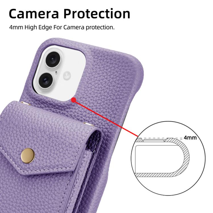For iPhone 16 Litchi Texture Vertical Card Bag Holder Phone Case with Long Lanyard(Purple) - iPhone 16 Cases by buy2fix | Online Shopping UK | buy2fix