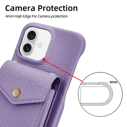 For iPhone 16 Litchi Texture Vertical Card Bag Holder Phone Case with Long Lanyard(Purple) - iPhone 16 Cases by buy2fix | Online Shopping UK | buy2fix