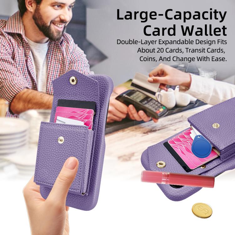 For iPhone 16 Litchi Texture Vertical Card Bag Holder Phone Case with Long Lanyard(Purple) - iPhone 16 Cases by buy2fix | Online Shopping UK | buy2fix