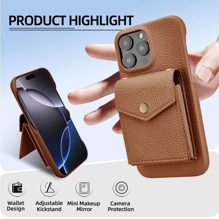 For iPhone 15 Pro Max Litchi Texture Vertical Card Bag Holder Phone Case with Long Lanyard(Brown) - iPhone 15 Pro Max Cases by buy2fix | Online Shopping UK | buy2fix
