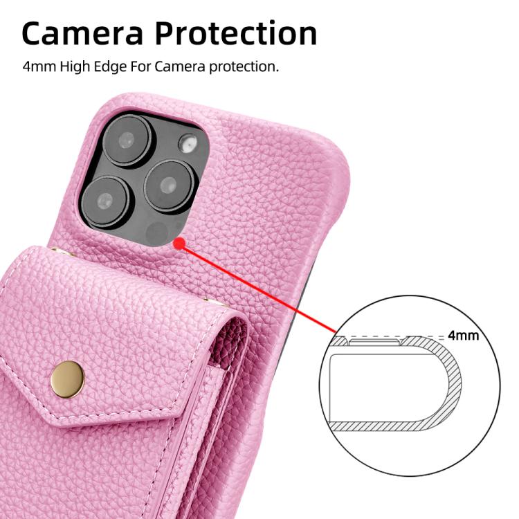 For iPhone 15 Pro Litchi Texture Vertical Card Bag Holder Phone Case with Long Lanyard(Pink) - iPhone 15 Pro Cases by buy2fix | Online Shopping UK | buy2fix