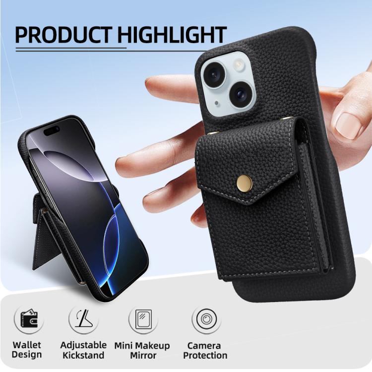 For iPhone 15 Plus Litchi Texture Vertical Card Bag Holder Phone Case with Long Lanyard(Black) - iPhone 15 Plus Cases by buy2fix | Online Shopping UK | buy2fix