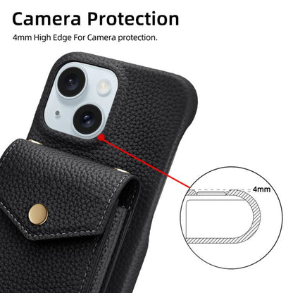 For iPhone 15 Plus Litchi Texture Vertical Card Bag Holder Phone Case with Long Lanyard(Black) - iPhone 15 Plus Cases by buy2fix | Online Shopping UK | buy2fix