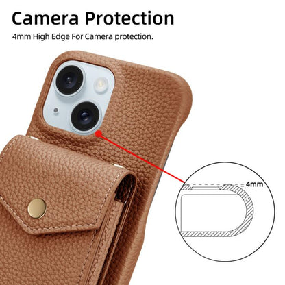 For iPhone 15 Plus Litchi Texture Vertical Card Bag Holder Phone Case with Long Lanyard(Brown) - iPhone 15 Plus Cases by buy2fix | Online Shopping UK | buy2fix