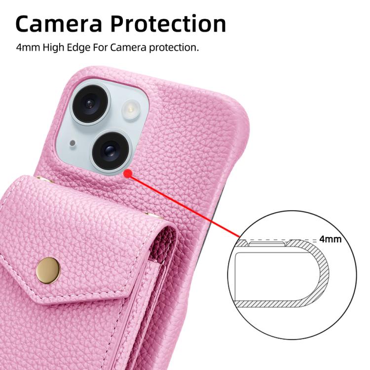 For iPhone 15 Plus Litchi Texture Vertical Card Bag Holder Phone Case with Long Lanyard(Pink) - iPhone 15 Plus Cases by buy2fix | Online Shopping UK | buy2fix