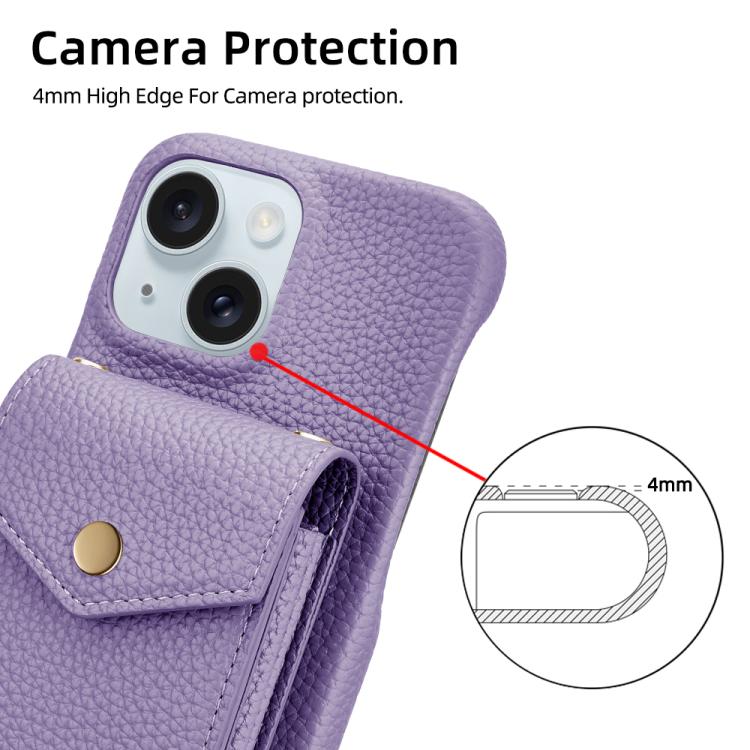 For iPhone 15 Plus Litchi Texture Vertical Card Bag Holder Phone Case with Long Lanyard(Purple) - iPhone 15 Plus Cases by buy2fix | Online Shopping UK | buy2fix