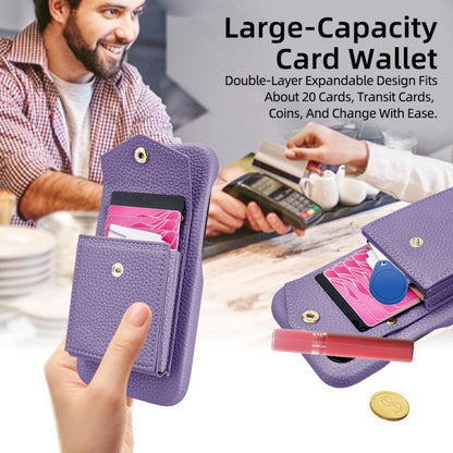 For iPhone 15 Plus Litchi Texture Vertical Card Bag Holder Phone Case with Long Lanyard(Purple) - iPhone 15 Plus Cases by buy2fix | Online Shopping UK | buy2fix