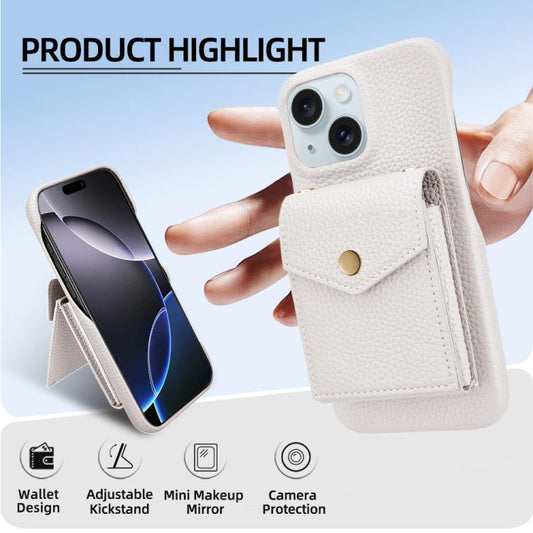 For iPhone 15 Plus Litchi Texture Vertical Card Bag Holder Phone Case with Long Lanyard(White) - iPhone 15 Plus Cases by buy2fix | Online Shopping UK | buy2fix