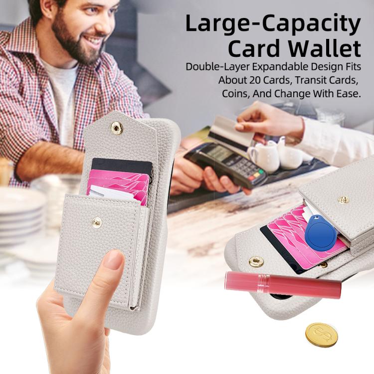 For iPhone 15 Plus Litchi Texture Vertical Card Bag Holder Phone Case with Long Lanyard(White) - iPhone 15 Plus Cases by buy2fix | Online Shopping UK | buy2fix