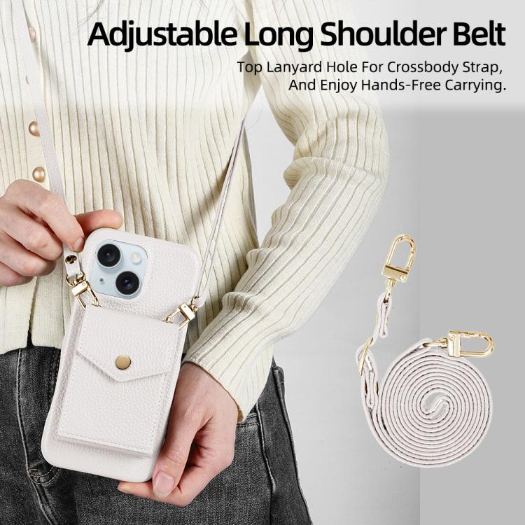For iPhone 15 Plus Litchi Texture Vertical Card Bag Holder Phone Case with Long Lanyard(White) - iPhone 15 Plus Cases by buy2fix | Online Shopping UK | buy2fix