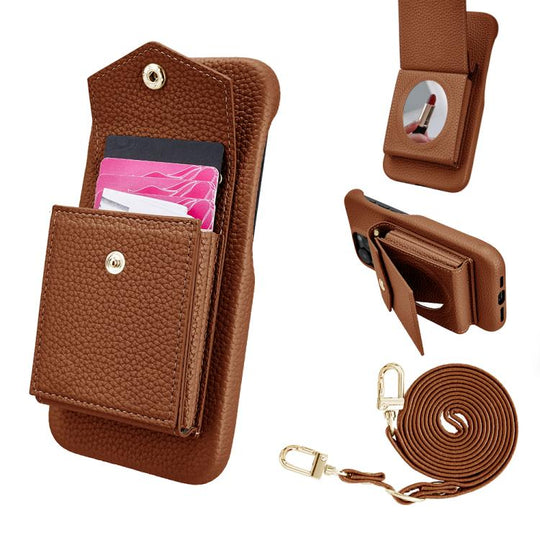 For iPhone 15 Litchi Texture Vertical Card Bag Holder Phone Case with Long Lanyard(Brown)