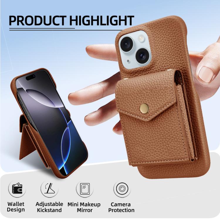 For iPhone 15 Litchi Texture Vertical Card Bag Holder Phone Case with Long Lanyard(Brown) - iPhone 15 Cases by buy2fix | Online Shopping UK | buy2fix