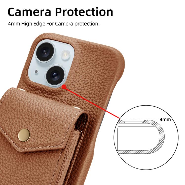 For iPhone 15 Litchi Texture Vertical Card Bag Holder Phone Case with Long Lanyard(Brown) - iPhone 15 Cases by buy2fix | Online Shopping UK | buy2fix