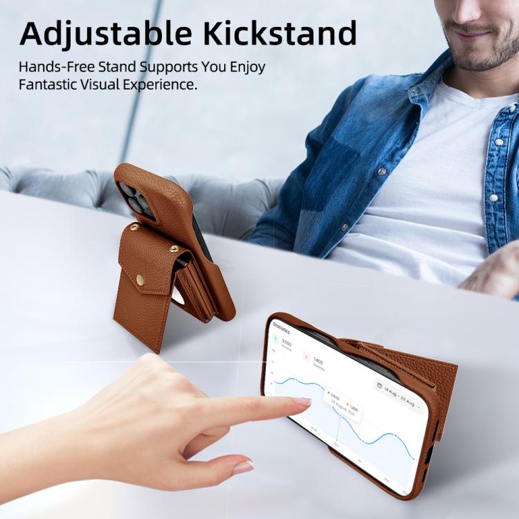 For iPhone 15 Litchi Texture Vertical Card Bag Holder Phone Case with Long Lanyard(Brown) - iPhone 15 Cases by buy2fix | Online Shopping UK | buy2fix