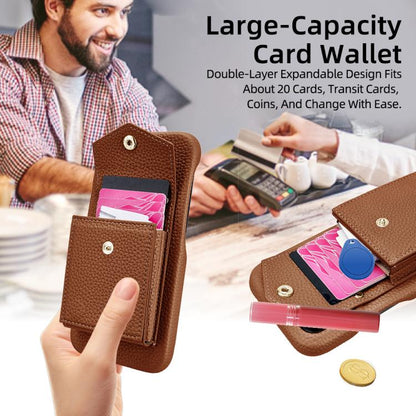 For iPhone 15 Litchi Texture Vertical Card Bag Holder Phone Case with Long Lanyard(Brown) - iPhone 15 Cases by buy2fix | Online Shopping UK | buy2fix