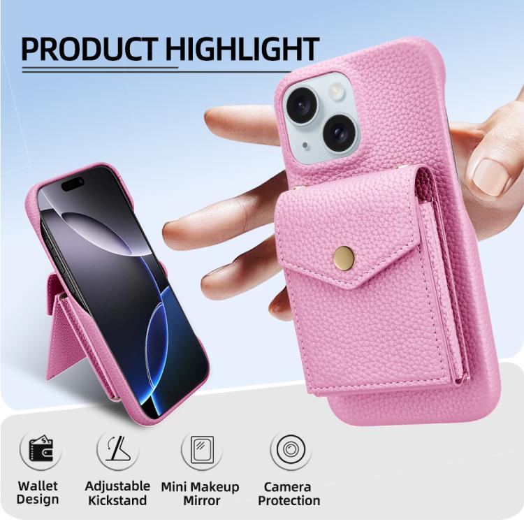 For iPhone 15 Litchi Texture Vertical Card Bag Holder Phone Case with Long Lanyard(Pink) - iPhone 15 Cases by buy2fix | Online Shopping UK | buy2fix
