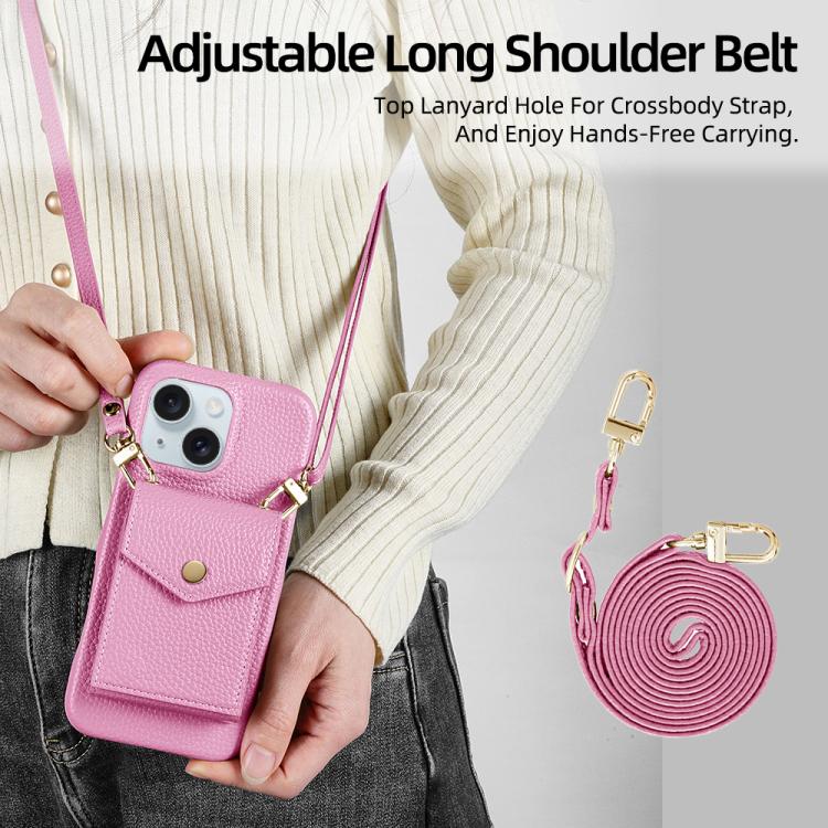 For iPhone 15 Litchi Texture Vertical Card Bag Holder Phone Case with Long Lanyard(Pink) - iPhone 15 Cases by buy2fix | Online Shopping UK | buy2fix