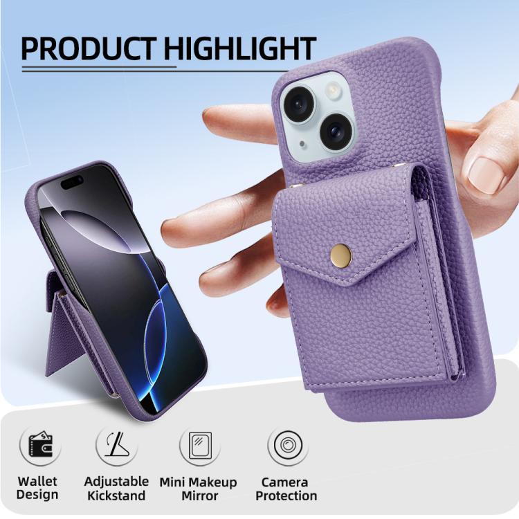 For iPhone 15 Litchi Texture Vertical Card Bag Holder Phone Case with Long Lanyard(Purple) - iPhone 15 Cases by buy2fix | Online Shopping UK | buy2fix