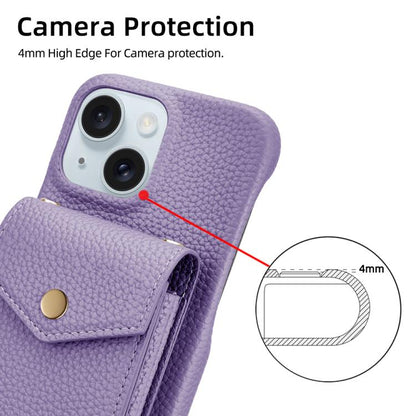 For iPhone 15 Litchi Texture Vertical Card Bag Holder Phone Case with Long Lanyard(Purple) - iPhone 15 Cases by buy2fix | Online Shopping UK | buy2fix