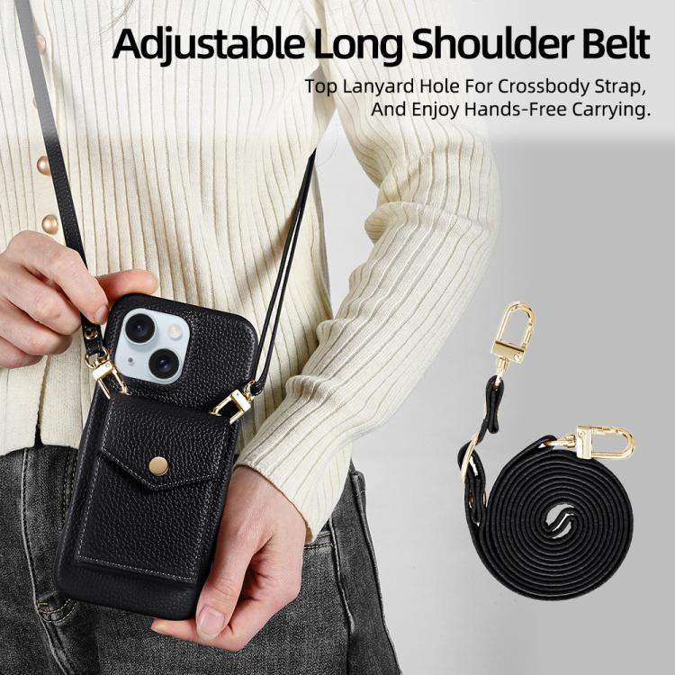 For iPhone 14 Plus Litchi Texture Vertical Card Bag Holder Phone Case with Long Lanyard(Black) - iPhone 14 Plus Cases by buy2fix | Online Shopping UK | buy2fix