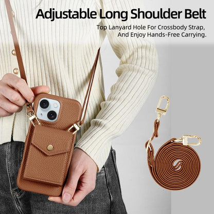 For iPhone 14 Plus Litchi Texture Vertical Card Bag Holder Phone Case with Long Lanyard(Brown) - iPhone 14 Plus Cases by buy2fix | Online Shopping UK | buy2fix