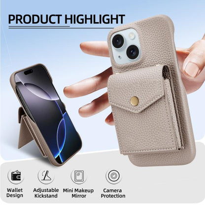 For iPhone 14 Plus Litchi Texture Vertical Card Bag Holder Phone Case with Long Lanyard(Grey) - iPhone 14 Plus Cases by buy2fix | Online Shopping UK | buy2fix