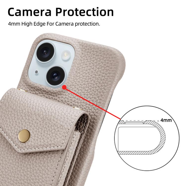 For iPhone 14 / 13 Litchi Texture Vertical Card Bag Holder Phone Case with Long Lanyard(Grey) - iPhone 14 Cases by buy2fix | Online Shopping UK | buy2fix