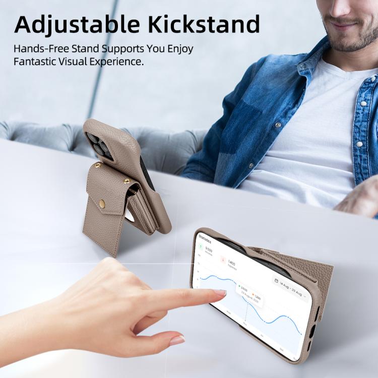 For iPhone 14 / 13 Litchi Texture Vertical Card Bag Holder Phone Case with Long Lanyard(Grey) - iPhone 14 Cases by buy2fix | Online Shopping UK | buy2fix