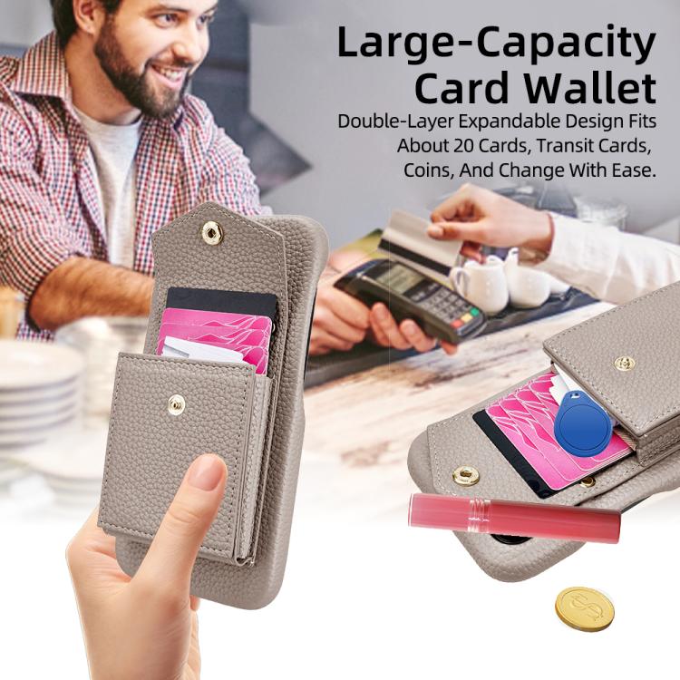 For iPhone 14 / 13 Litchi Texture Vertical Card Bag Holder Phone Case with Long Lanyard(Grey) - iPhone 14 Cases by buy2fix | Online Shopping UK | buy2fix