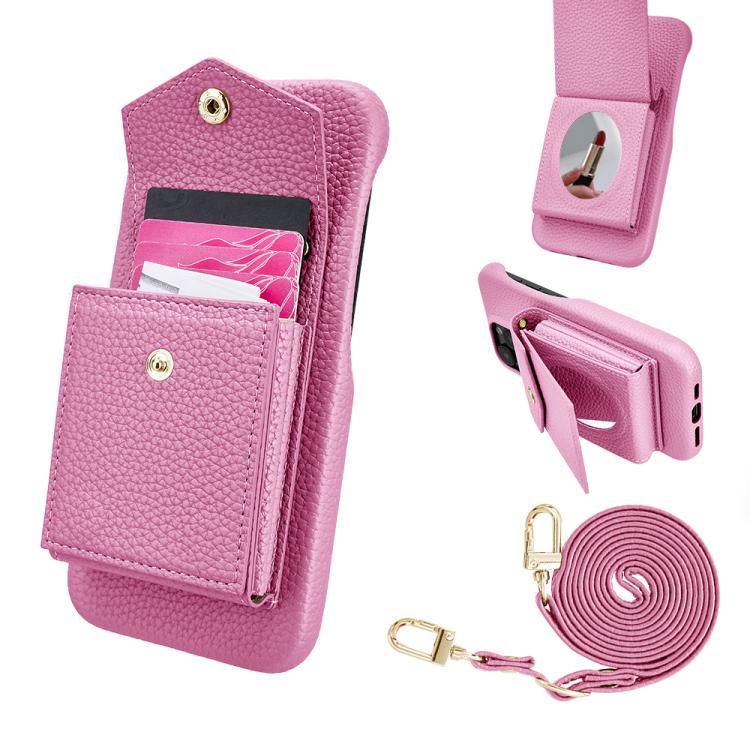 For iPhone 14 / 13 Litchi Texture Vertical Card Bag Holder Phone Case with Long Lanyard(Pink) - iPhone 14 Cases by buy2fix | Online Shopping UK | buy2fix