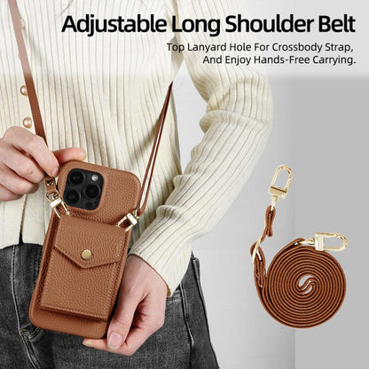 For iPhone 14 Pro Litchi Texture Vertical Card Bag Holder Phone Case with Long Lanyard(Brown) - iPhone 14 Pro Cases by buy2fix | Online Shopping UK | buy2fix