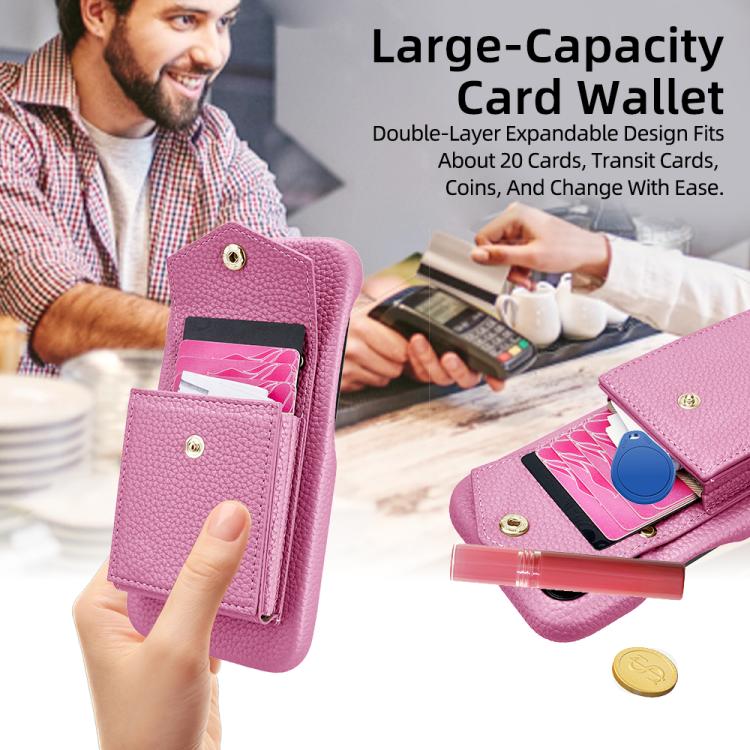 For iPhone 14 Pro Litchi Texture Vertical Card Bag Holder Phone Case with Long Lanyard(Pink) - iPhone 14 Pro Cases by buy2fix | Online Shopping UK | buy2fix