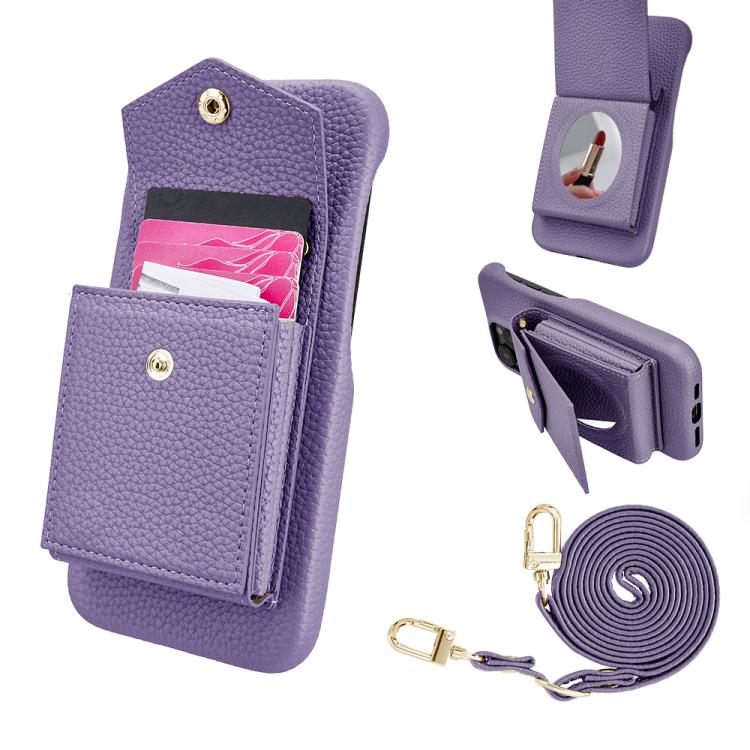 For iPhone 14 Pro Max Litchi Texture Vertical Card Bag Holder Phone Case with Long Lanyard(Purple) - iPhone 14 Pro Max Cases by buy2fix | Online Shopping UK | buy2fix