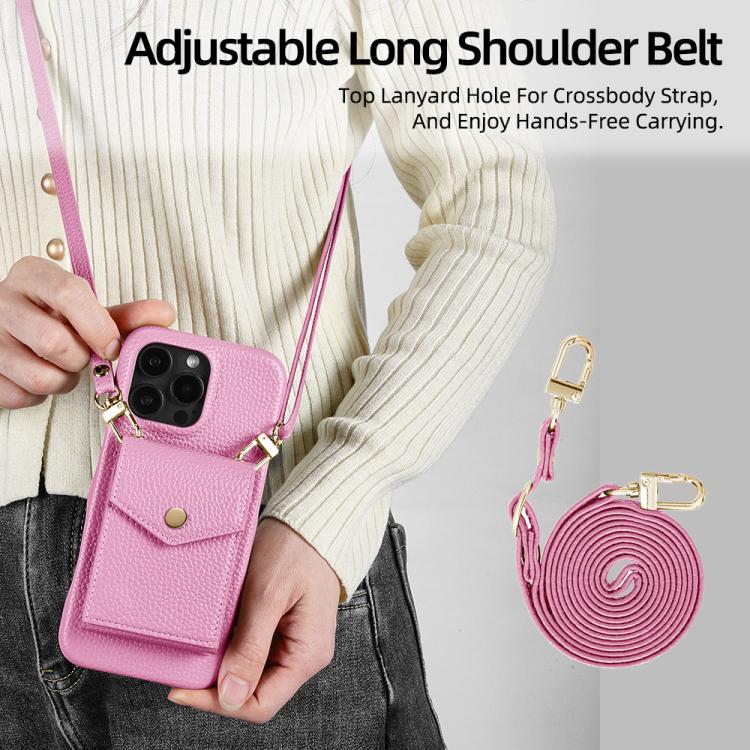 For iPhone 13 Pro Litchi Texture Vertical Card Bag Holder Phone Case with Long Lanyard(Pink) - iPhone 13 Pro Cases by buy2fix | Online Shopping UK | buy2fix