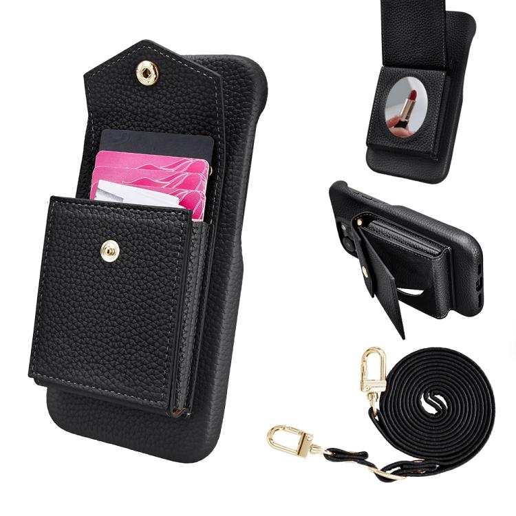 For iPhone 12 / 12 Pro Litchi Texture Vertical Card Bag Holder Phone Case with Long Lanyard(Black) - iPhone 12 / 12 Pro Cases by buy2fix | Online Shopping UK | buy2fix