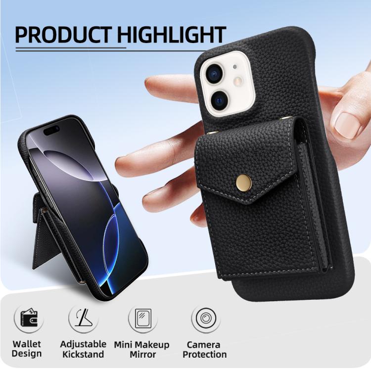 For iPhone 12 / 12 Pro Litchi Texture Vertical Card Bag Holder Phone Case with Long Lanyard(Black) - iPhone 12 / 12 Pro Cases by buy2fix | Online Shopping UK | buy2fix