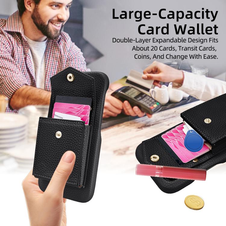 For iPhone 12 / 12 Pro Litchi Texture Vertical Card Bag Holder Phone Case with Long Lanyard(Black) - iPhone 12 / 12 Pro Cases by buy2fix | Online Shopping UK | buy2fix