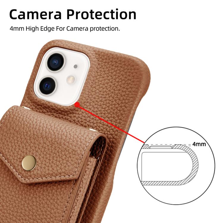 For iPhone 12 / 12 Pro Litchi Texture Vertical Card Bag Holder Phone Case with Long Lanyard(Brown) - iPhone 12 / 12 Pro Cases by buy2fix | Online Shopping UK | buy2fix