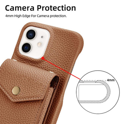 For iPhone 12 / 12 Pro Litchi Texture Vertical Card Bag Holder Phone Case with Long Lanyard(Brown) - iPhone 12 / 12 Pro Cases by buy2fix | Online Shopping UK | buy2fix