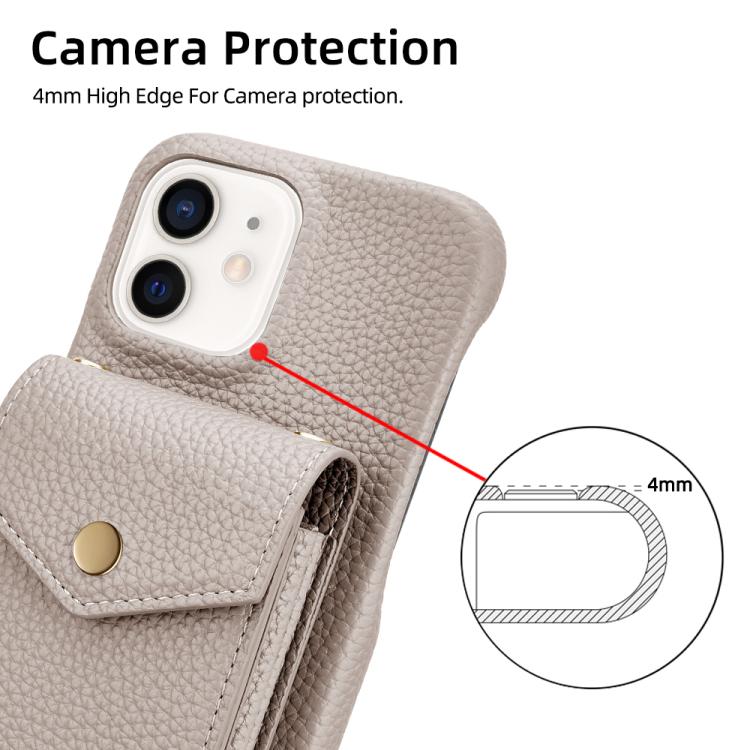 For iPhone 12 / 12 Pro Litchi Texture Vertical Card Bag Holder Phone Case with Long Lanyard(Grey) - iPhone 12 / 12 Pro Cases by buy2fix | Online Shopping UK | buy2fix