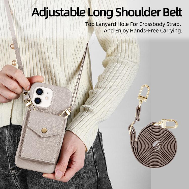 For iPhone 12 / 12 Pro Litchi Texture Vertical Card Bag Holder Phone Case with Long Lanyard(Grey) - iPhone 12 / 12 Pro Cases by buy2fix | Online Shopping UK | buy2fix