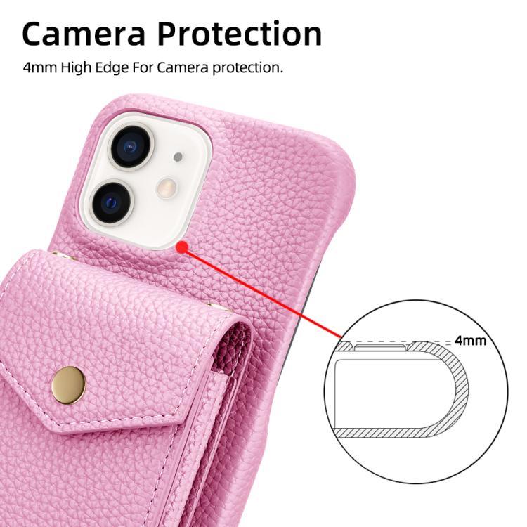 For iPhone 12 / 12 Pro Litchi Texture Vertical Card Bag Holder Phone Case with Long Lanyard(Pink) - iPhone 12 / 12 Pro Cases by buy2fix | Online Shopping UK | buy2fix