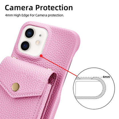 For iPhone 12 / 12 Pro Litchi Texture Vertical Card Bag Holder Phone Case with Long Lanyard(Pink) - iPhone 12 / 12 Pro Cases by buy2fix | Online Shopping UK | buy2fix