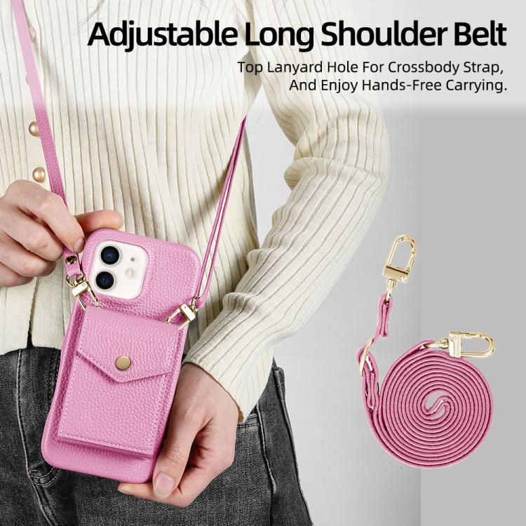 For iPhone 12 / 12 Pro Litchi Texture Vertical Card Bag Holder Phone Case with Long Lanyard(Pink) - iPhone 12 / 12 Pro Cases by buy2fix | Online Shopping UK | buy2fix