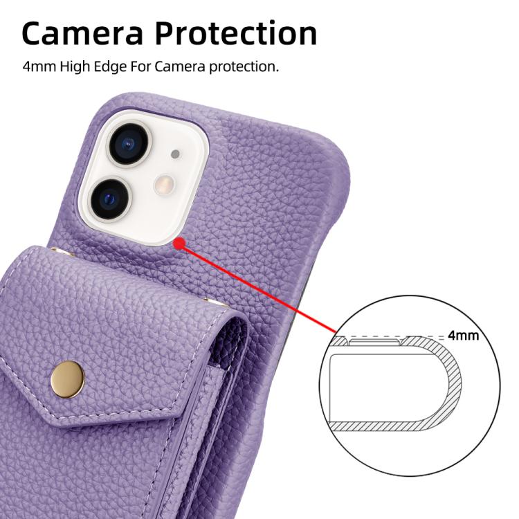 For iPhone 12 / 12 Pro Litchi Texture Vertical Card Bag Holder Phone Case with Long Lanyard(Purple) - iPhone 12 / 12 Pro Cases by buy2fix | Online Shopping UK | buy2fix
