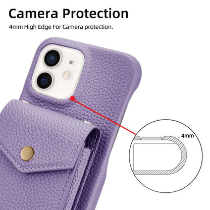 For iPhone 12 / 12 Pro Litchi Texture Vertical Card Bag Holder Phone Case with Long Lanyard(Purple) - iPhone 12 / 12 Pro Cases by buy2fix | Online Shopping UK | buy2fix