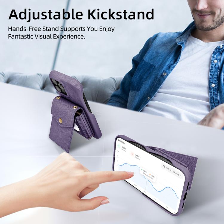 For iPhone 12 / 12 Pro Litchi Texture Vertical Card Bag Holder Phone Case with Long Lanyard(Purple) - iPhone 12 / 12 Pro Cases by buy2fix | Online Shopping UK | buy2fix