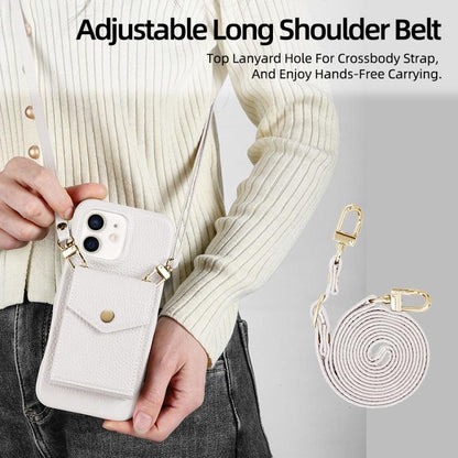 For iPhone 12 / 12 Pro Litchi Texture Vertical Card Bag Holder Phone Case with Long Lanyard(White) - iPhone 12 / 12 Pro Cases by buy2fix | Online Shopping UK | buy2fix